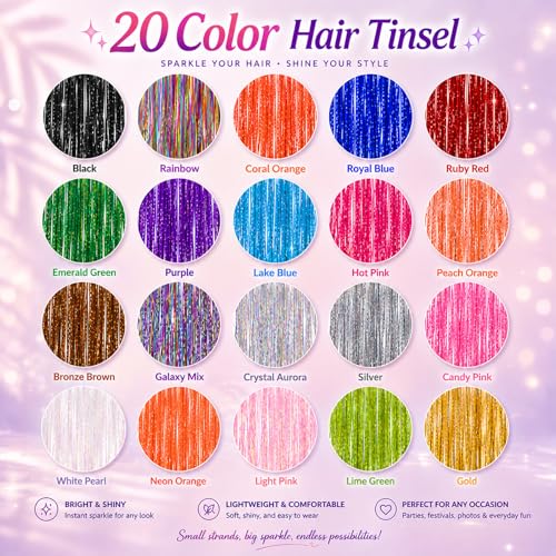 Hair Tinsel Kit - 20 Colors Heat-Resistant Extensions for Parties