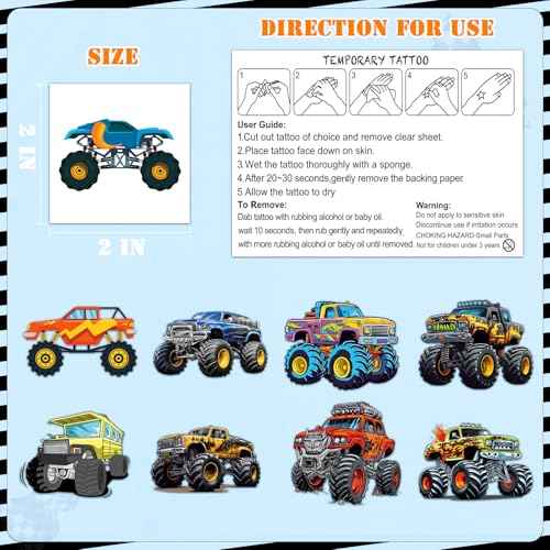 100 Pcs Monster Truck Temporary Tattoos for Kids, £¨2'' x 2''£©Individually Wrapped Tattoos, Car Themed Birthday Decorations, Party Favors Supplies
