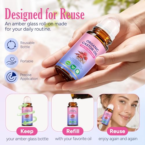 Organic Castor Oil with Rose Quartz Roller - 2 Fl Oz Refillable