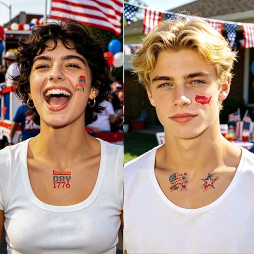 4th of July Temporary Tattoos - 96 Waterproof Patriotic Designs