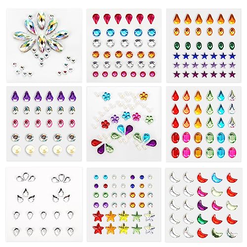 Face Gems Stickers - 9 Sheets Self-Adhesive Jewels for Makeup