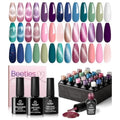Beetles Gel Nail Kit Easy Nail Extension Set Etch X Nail Tips 504Pcs Short Almond Half Matte with beetles Gel Polish 24Pcs Cat Eye Gel Nail Polish Set, Glitter Blue Pink Purple Green Shimmer
