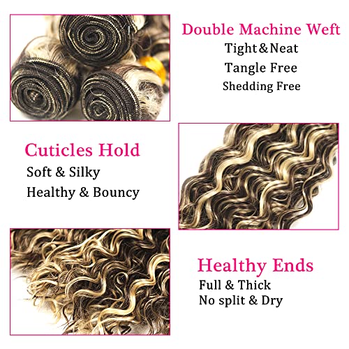 Blonde Deep Wave Hair Bundles 20-24 Inch P4/613 Honey Ombre Highlight 8A Virgin Peruvian Human Hair