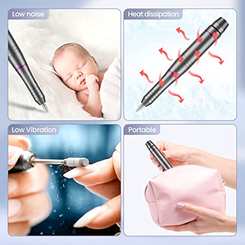 Portable Electric Nail Drill, Professional Electric Nail Drill for Acrylic Nails Gel, Low Vibration Safe, 20000 RPM Adjustable Speed File for Home Salon Use,Grinding Polishing Trimming Purple