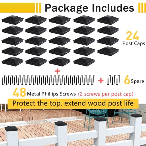 Goovilla 4x4 Inch Black Fence Post Caps 24 Pack with Screws - Fits 3.5-3.6" Posts