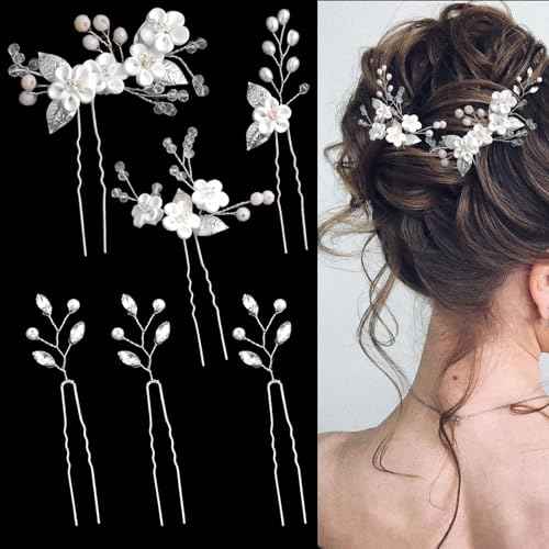 6 Pcs Flower Bridal Wedding Hair Pins Flower Rhinestone Pearl Hair Piece for Women Crystal Hair Accessories for Bride Bridesmaids Flower Girls(Silver)