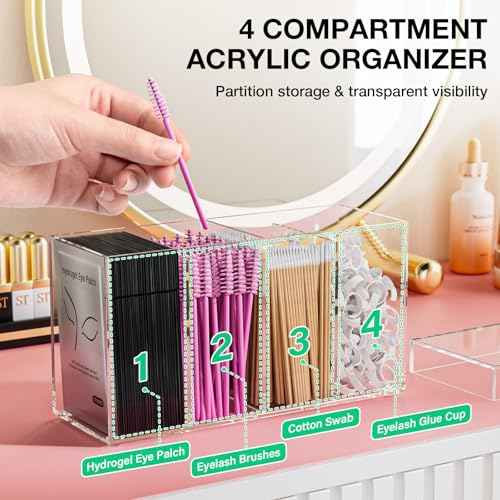 Lash Extension Organizer with Lid, Acrylic Lash Organizer for Lash Techs, Lashes Supplies Container for Vanity with Anti-Slip Pads, Clear Storage Box for Eyelash Tools Makeup Brush Hair Accessories