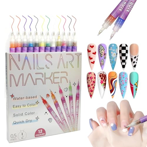 12-Color Nail Art Pens with 0.5mm Fine Tips - Quick Dry