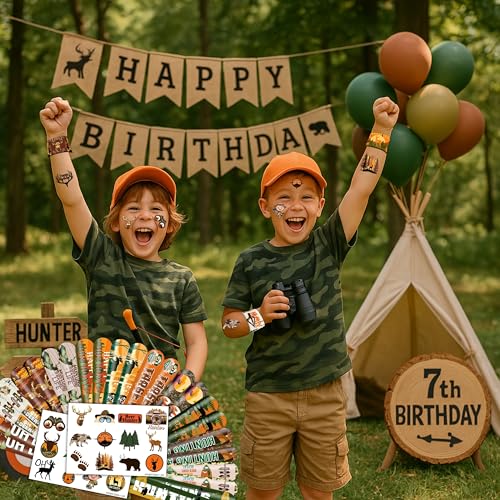 48PCS Hunting Party Set - 24PCS Temporary Tattoos & 24PCS Slap Bracelets - Outdoor Adventure Birthday Supplies, Baby Shower Gifts, Classroom Rewards & Party Decor for Kids (Boys & Girls)