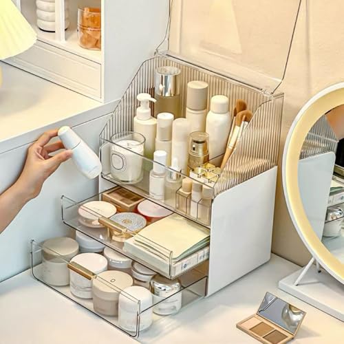 Omeily White Makeup Organizer Countertop Vanity Storage Case with Acrylic Cover