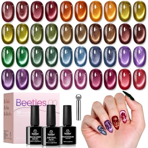 Beetles Cat Eye Gel Nail Polish Set - 20 Fall & Winter Colors with Magnetic Tools