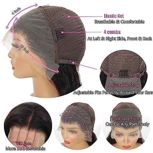 Deep Wave Lace Front Wigs Human Hair 13x4 HD Transparent Lace Frontal Glueless Wigs for Women, Natural Black, 16 inch