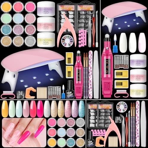 COSCELIA Acrylic Nail Kit for Beginners with Drill & Light — Includes 3 Powders, UV Lamp, Rhinestones