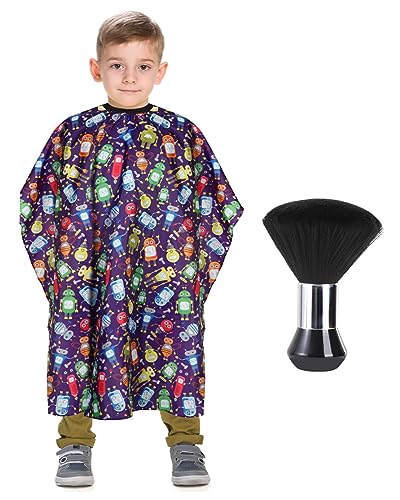 Kids Barber Cape with Neck Duster Brush - Cartoon Robot, Adjustable Snap Closure
