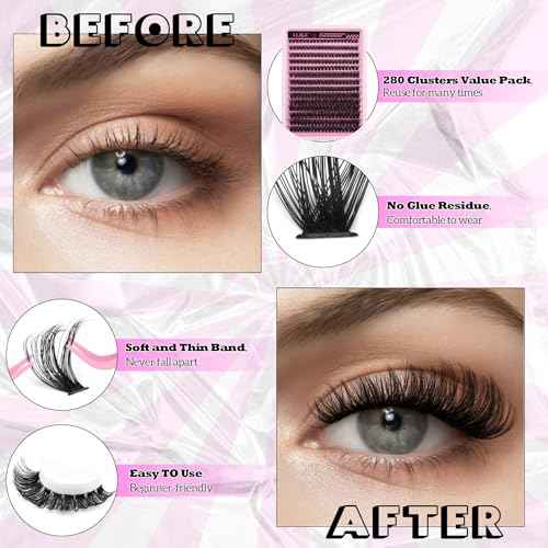 DIY Eyelash Extension Kit D-Curly Wispy Volume Lash Clusters Individual Lashes Lash Extension Kit with Lash Bond and Seal Applicator Tool for Self Application at Home (80P-280Pcs-Mix10-16mm-0.07D)