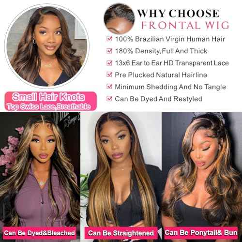 13x6 Ombre Lace Front Wig Human Hair 1B/30 Highlight Lace Front Wig 180% Density Body Wave HD Transparent Lace Frontal Wigs Human Hair Colored Balayage Wig for Black Women 26 Inch