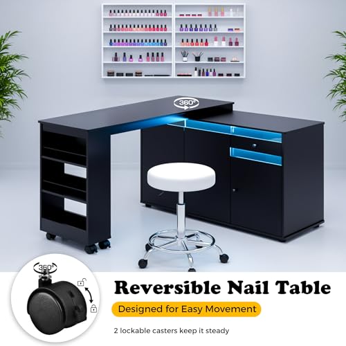 L-Shaped Manicure Table with LED Light, Storage & Rotating Desk