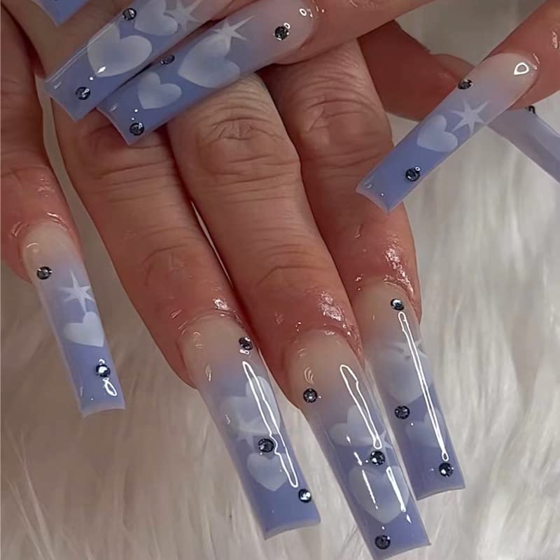 MISUD Coffin Press on Nails Long False Nails Ombre Glue on Nails Ballerina Glossy Fake Nails Heart Rhinestone Acrylic Nails with Design for Women and Girls 24 pcs