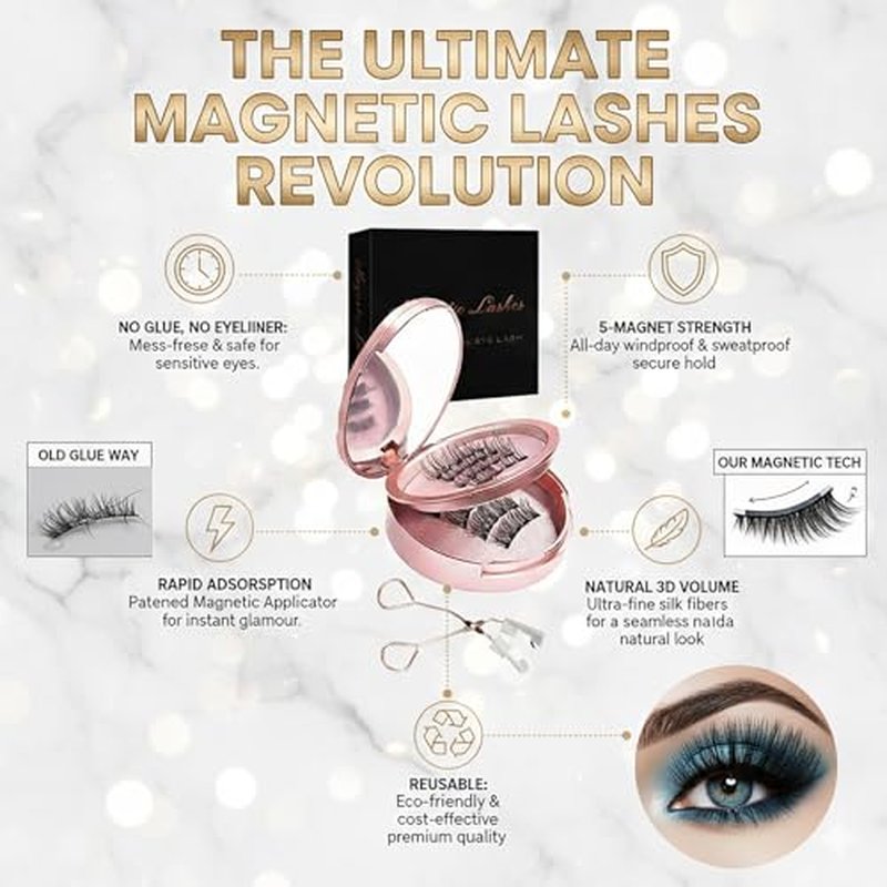 Magnetic Eyelashes Kit 4 Pairs, No Glue, 3D Natural Look