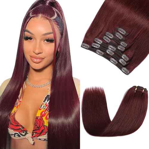 24 Inch #99J Red Clip in Hair Extensions - Real Remy Human Hair, 120g 7pcs, Burgundy Human Hair Extensions Clip ins for Women