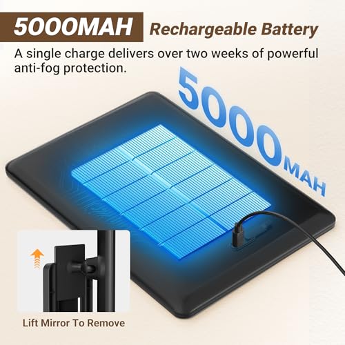 Heated Fogless Shower Mirror for Shaving, 5000mAh Long-Lasting Anti-Fog Shower Mirror with 360¡Æ Rotating Design & Razor Holder, Fog-Free Shaving Mirror for Men (Black)