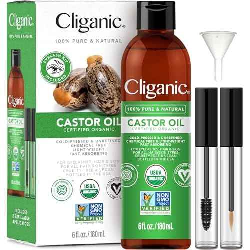 Cliganic Organic Castor Oil, 100% Pure (6oz with Eyelash Kit) - For Eyelashes, Eyebrows, Hair & Skin