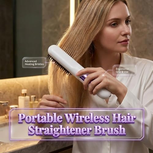 Cordless Hair Straightener Brush, Mini Portable Straightener for Travel