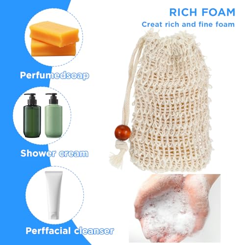 40 Pack Soap Saver Bags, Natural Sisal Exfoliating Soap Pouch with Drawstring Wooden Bead, Foaming Drying Mesh Net for Bath and Shower, 5.5 x 3.5 Inch
