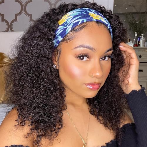 Headband Wig Human Hair Kinky Curly None Lace Front Wig 150% Density Glueless Wigs for Black Women Natural Color (Headband Wig, 18inch)
