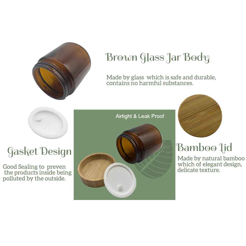 BEECO GIF2U Empty Refillable Brown Glass Cosmetic Cream Jar 4 Pack 3.3 OZ/100g with Bamboo Lids,Skin Care Travel Containers Pot for Clay Masks,Butter,Body Scrub,Lip Balm, Ointments, Lotion