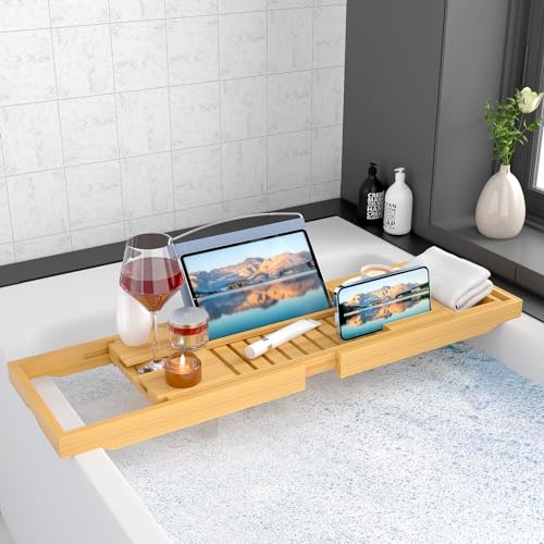 Bamboo Bathtub Tray Caddy - Expandable with Book & Tablet Holder