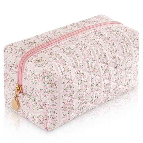 Makeup Bag Travel Toiletry Bag for Women, Small Cosmetic Bags Cute Quilted Cotton Makeup Pouch for Purse Emergency Bag for School Floral Pencil Case Accessory Bag, Pastel Pink