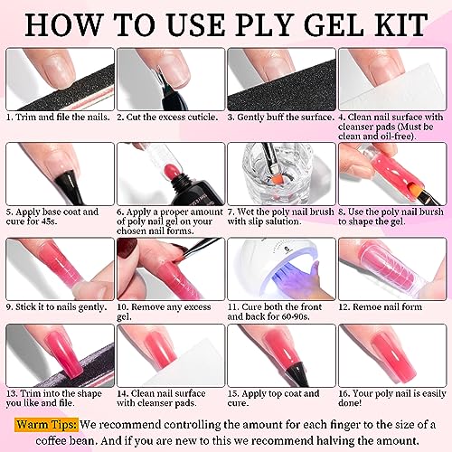 Clara Colors Poly Gel Nail Kit, 12 Colors Clear Jelly Nude Pink Poly Extension Gel Nail Kit with 48W UV Lamp All In One Polygel Nail Kit Starter Kit with Slip Solution and Tools for Nail Art DIY