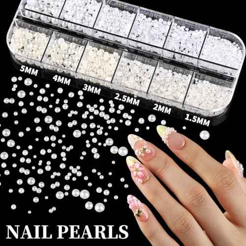 FANDAMEI Gold Nail Gems, 3D Star Nail Charms, Flatback Pearls White Beige, Half Round Silver and Gold Nail Charms, Mixed Sizes Pearls for Nails, Metal Nail Beads, 3D Metallic Nails Art Studs