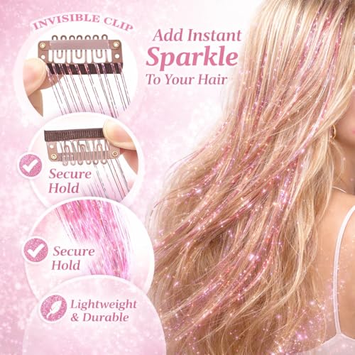Hair Tinsel Clips 12 Pcs Pink Glitter Extensions Heat Resistant