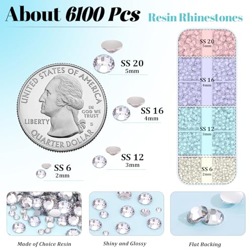 6100 Pcs Clear Flatback Resin Rhinestones Kit with B7000 Jewelry Glue
