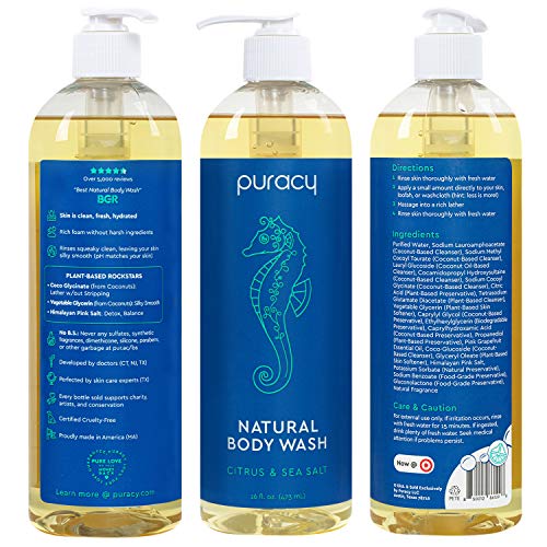 Puracy Body Wash, Natural Body Wash, 98.6% Pure Plant Ingredients, Moisturizing Shower Gel for Women Men Kids, Body Soap for Dry Sensitive Skin. Gently Scented with Citrus & Sea Salt, 16 Oz (2-Pack)