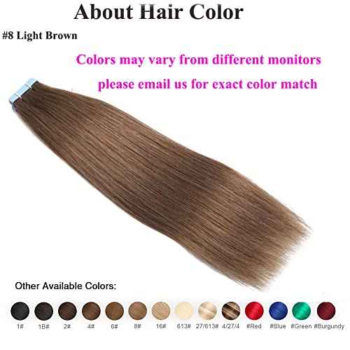 Amella Hair Tape in Hair Extensions Human Hair 12 inches 40g/pack 20pcs Straight Seamless Skin Weft Jet Black Tape Hair Extensions (12 inches #8 Light Brown)