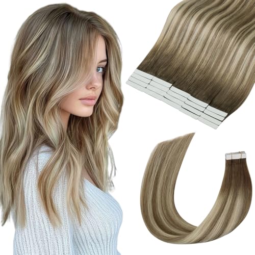 invisible tape in hair extensions human hair 16Inch Dark Brown Fading To Brown and Blonde 20pcs 50g Thick Ends