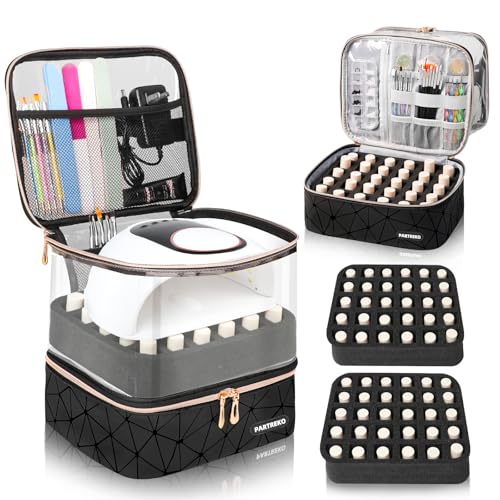 Partreko Double-Layer Nail Polish Organizer Case Holds 60 Bottles with Transparent PU Leather Design