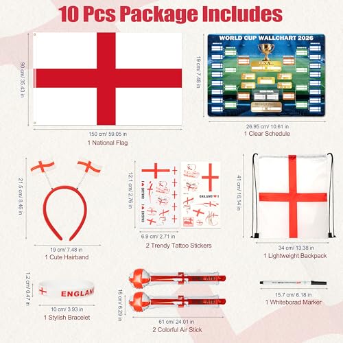 England 2026 World Cup Fan Supporter Set - Includes Flag Headband, Thunder Sticks, Wristband & More