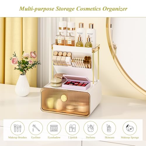 FOLLOWIN 3-Tier Makeup Organizer with Drawer - Amber Vanity Storage