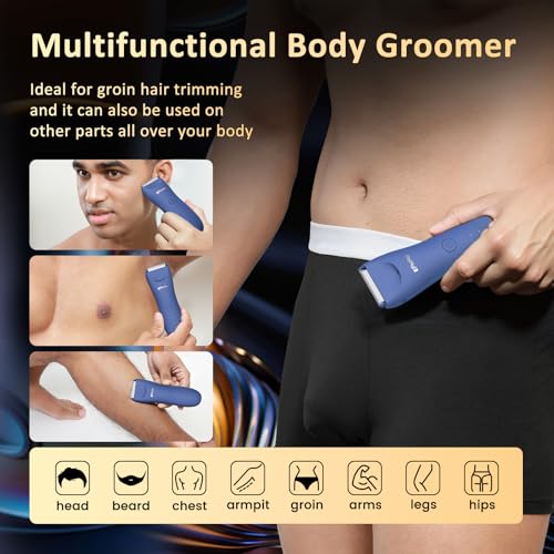 Electric Body Hair Trimmer for Men with Extra Skin-Safe Ceramic Blade, Ball Shaver Groomer w/LED Light& Charging Dock, Pubic Groin Hair Trimmer Male Razor Waterproof (Blue-with Charging Light)