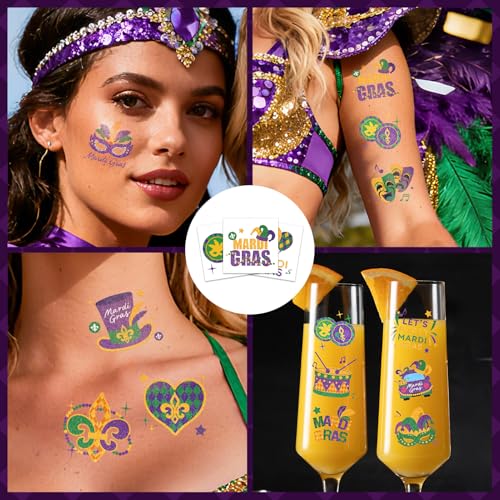 Mardi Gras Glitter Temporary Tattoos - 40 Piece Face & Body Stickers