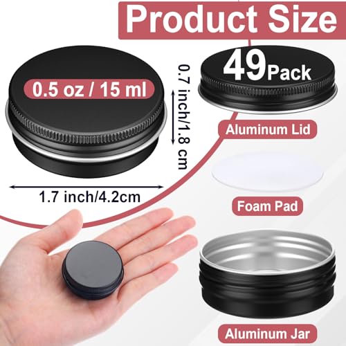 Moxweyeni 150 Pack 0.5 oz Tin Jars, 15ml Metal Tin Cans, 1/2 Ounce Aluminum Tins Containers with Screw Lids, Small Round Metal Tins for Salve, Balms, Toiletries, Creams, Samples (Black)