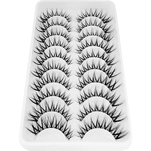 Bluesmurfs False Lashes 3D Cat-Eye Volume Eyelashes Clear Band Lashes Natural Look Faux Mink Invisible Strip Wispy Fake Lashes 10 Pairs