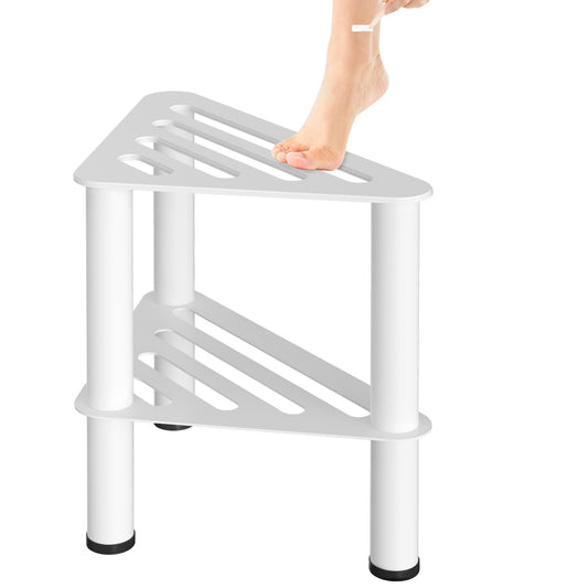 WINSTECK Upgraded Rust-Proof Metal Corner Shower Foot Stool for Shaving Legs, Shower Foot Rest Bench for Inside Shower with Storage Shelf, Small Step Stools, Non-Slip Bath Stool (White)