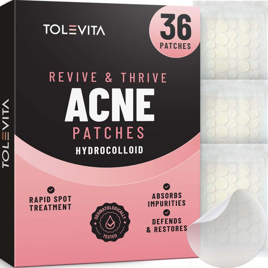 TOLEVITA - Hydrocolloid Acne Patches for Face | Blemish and Zit Covering Patches for All Skin Types | Pimple Spot Stickers for Clear Skin | Waterproof, Invisible Patches for Day & Night Use - 36 Pcs