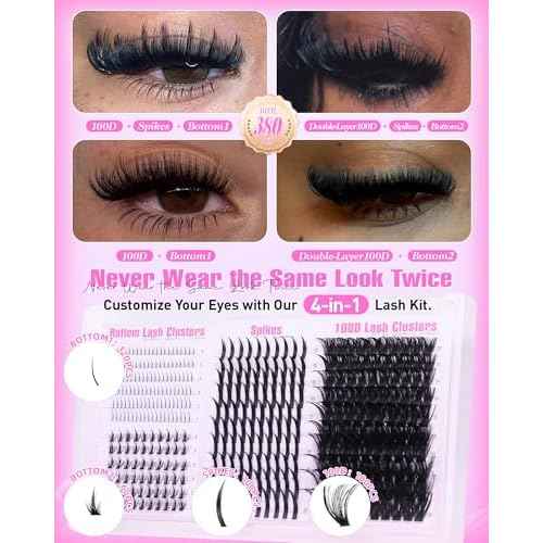 Lash Clusters Kit with Spikes Wispy Lash Extension Kit with Bottom Lashes 100D Eyelash Clusters 380PCS Volume Eyelash Extension Kit Spiky Lashes Clusters Kit with 2-IN-1 Lash Glue, Tweezers