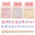 Kawyehu Kids Press on Nails 72Pcs French Donut Heart Short Full Cover False Nails